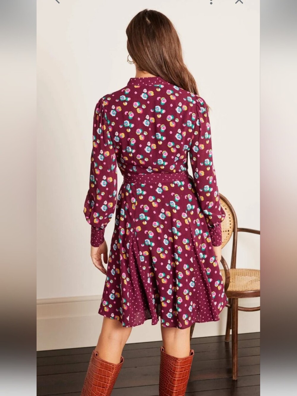 BODEN Women's Floral Burgundy Button-Front Dress Size 12 - Picture 2 of 16